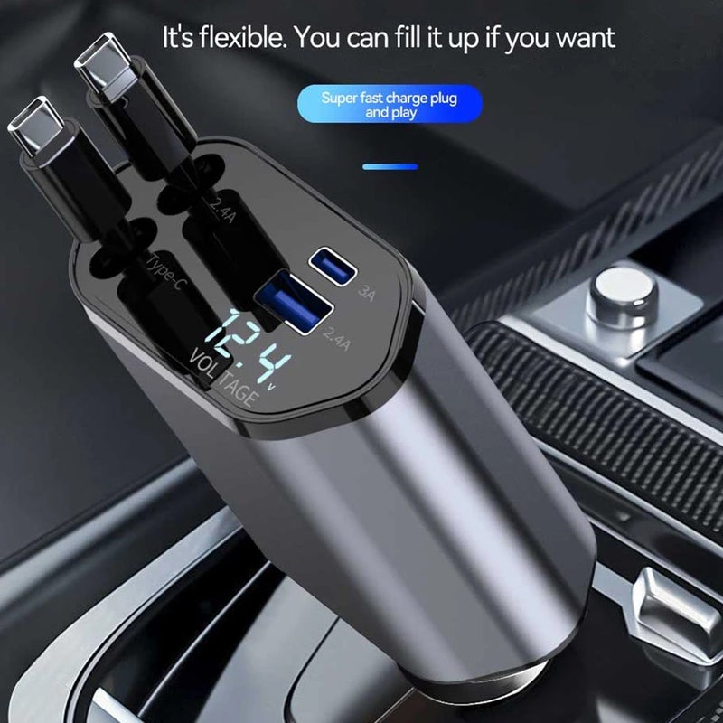 Bluejw Super Fast 4-in-1 Retractable Car Charger - 180° Adjustable USB Adapter with Display for iPhone 16 & Samsung - Automobile Charger - Image 2